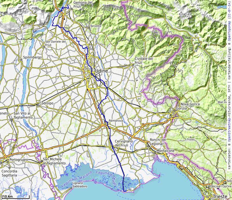 Karte der 13. Etappe Grado, Udine nach Gemona vom MTB Transalp Salzburg nach Istrien 2020