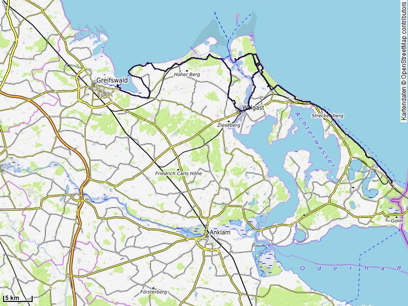 Karte der Etappe: Ahlbeck Usedom – Pennemünde – Greifswald
