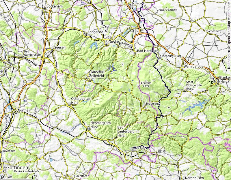 Karte der Etappe: Hornburg – Plessenburg am Brocken - Bad Sachsa