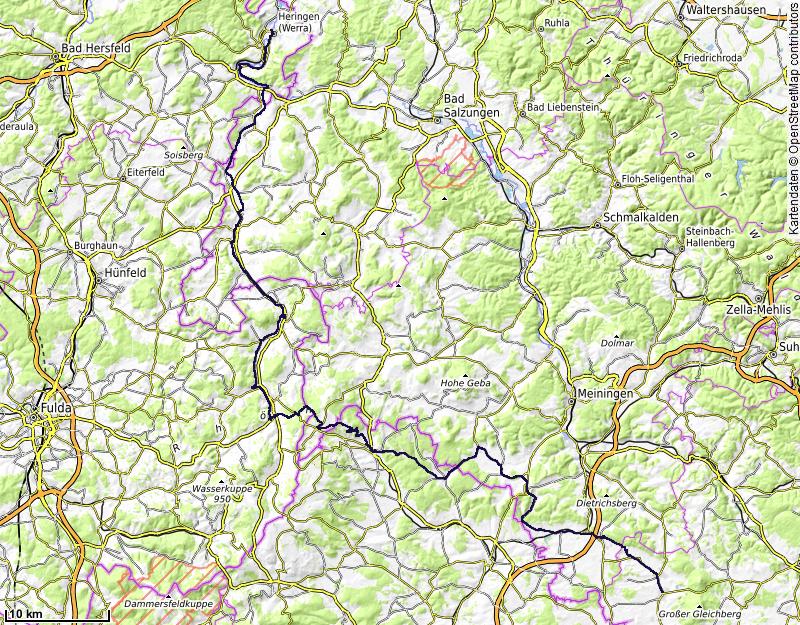 Karte der Etappe: Heringen (Werra) – Ulsterradweg – Rhön – Römhild
