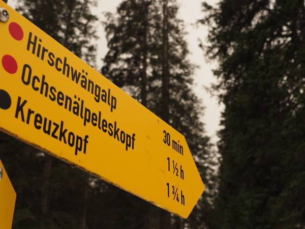 Wegweiser oberhalb der Jägerhütte beid er Schneeschuhwanderung zum Ochsenälpelskopf